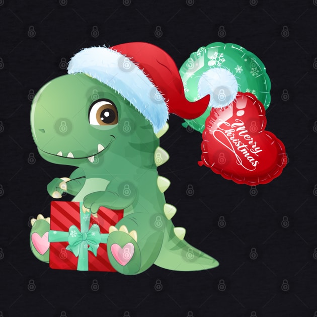 Cute Christmas T Rex With Santa Hat And Gift Box by P-ashion Tee